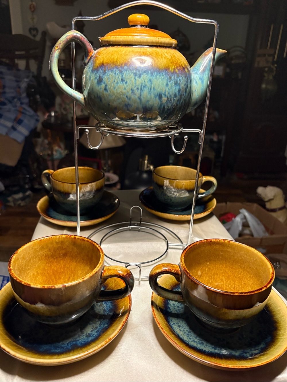 Glazed Ceramic Teapot and Cup Set in Amber and Blue - 5-Piece Tea Service